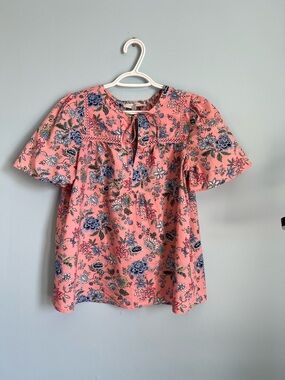 LOFT Coral Floral Tie-Neck Flutter Sleeve Blouse